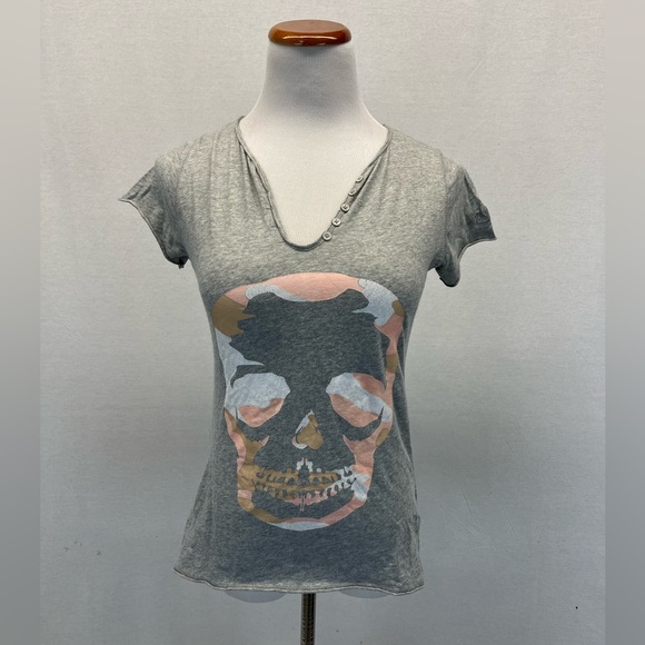 Zadig & Voltaire Gray Tunisien MC Camo Skull Cotton Short Sleeve Top Sz. XS - Picture 2 of 6
